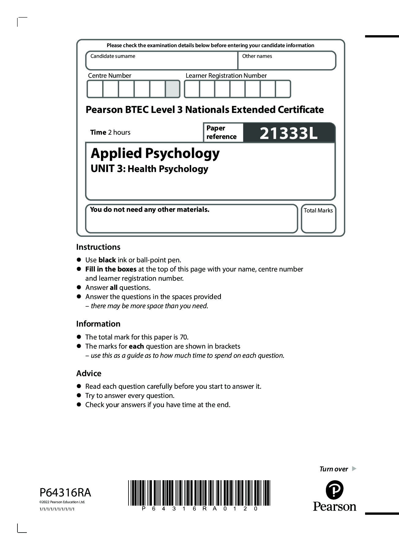 Pearson BTEC Level 3 In Applied Psychology 21333L Unit 3 Health